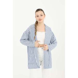 Puane Women's Lightweight Striped <b>Linen</b> Jacket for Spring Summer - Casual Indigo Outerwear for Cool Evenings - Product Image 4