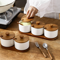 Ensemble de pots à épices en céramique avec couvercle en céramique, cuillère en bois et support, design vintage, accessoires de cuisine imperméables pour la maison