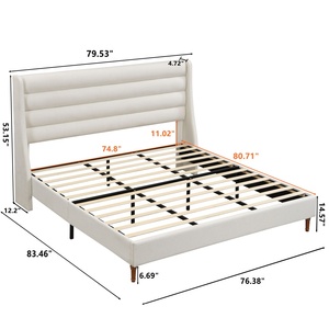 Cadre de lit King Size en chenille avec tête de lit haute et plateforme rembourrée à motif ondulé, lit plateforme moderne sans <span class=keywords><strong>sommier</strong></span>, ivoire - Product Image 5