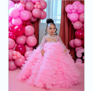 Abito a Strati da Damigella Elegante in <span class=keywords><strong>Tulle</strong></span> con Gemme e Paillettes Maniche Lunghe Soffice da Principessa per Bambini Regalo <span class=keywords><strong>di</strong></span> Compleanno Ballo Prima Comunione - Product Image 3