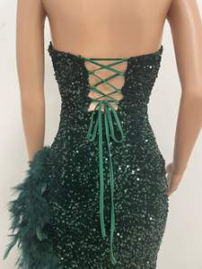 Gaun Pesta Malam Klub Malam Asimetris V-Neck Off Shoulder Berbahan Mesh dengan Aksen Bulu, Tali, Payet Berkilau - Product Image 6