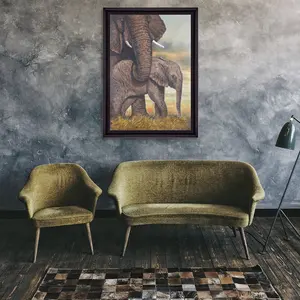 Grote Originele Muur Kunst Realistische Afrikaanse Grasland Foto Wilde Dieren Handgemaakte Olifant Schilderij