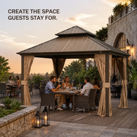 Gazebo à toit rigide incliné 12x12 pieds pour terrasse et patio, avec rideaux et moustiquaire, et support pour plans de projet