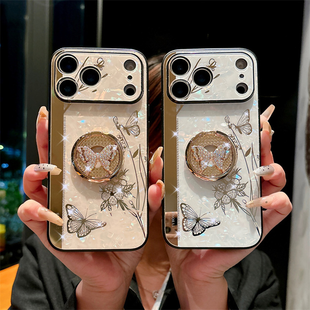 Luxury Sparkle Glitter Diamond Rhinestone Phone Case with Butterfly Holder for iPhone 17 16 15 Pro Max Mobile Covers for Girls
