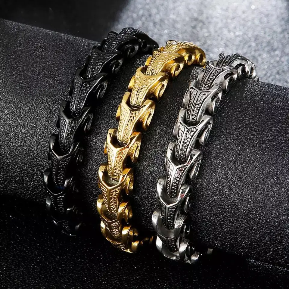 Punk 18K Gold Stainless Steel Wolf Head Franco Link Curb Chain Bracelet for Men 