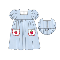 Vêtements pour enfants du printemps, robe à rayures bleues pour fillettes, col carré, manches bouffantes, poche avec applique cerise, robe en coton