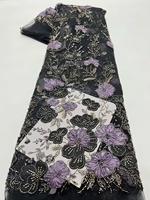 Tela de Encaje Transpirable con Lentejuelas y Flores 3D Francesas, 100% Poliéster, Textil Ecológico, Vestidos de Noche de Lujo