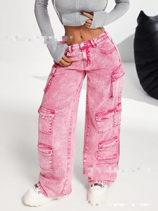 <span class=keywords><strong>Jeans</strong></span> <span class=keywords><strong>Cargo</strong></span> a vita alta da <span class=keywords><strong>donna</strong></span> <span class=keywords><strong>pantaloni</strong></span> larghi Multi-tasche Casual stile estivo all'ingrosso <span class=keywords><strong>pantaloni</strong></span> in Denim con gamba larga - Product Image 3