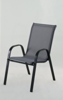 Chaise d'extérieur empilable moderne en tube d'acier noir avec tissu Teslin, design empilable populaire pour jardin, restaurant, salle à manger, rotin