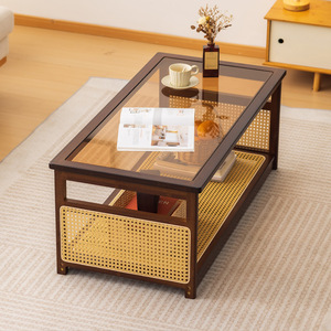 Table basse rectangulaire avec plateau en verre trempé couleur noyer, style moderne pour salon, usage domestique, petit appartement - Product Image 3