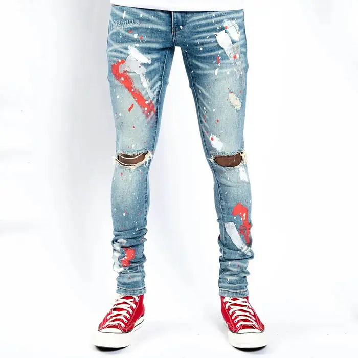 red white paint printing blue denim pants skinny ripped custom distressed pantalon jean for men