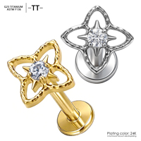 Piercing Labret en Titane ASTM F136 G23, motif Trèfle à Quatre Feuilles Étoilé avec Zircon Cubique, filetage interne, pour Cartilage, Hélix, Tragus