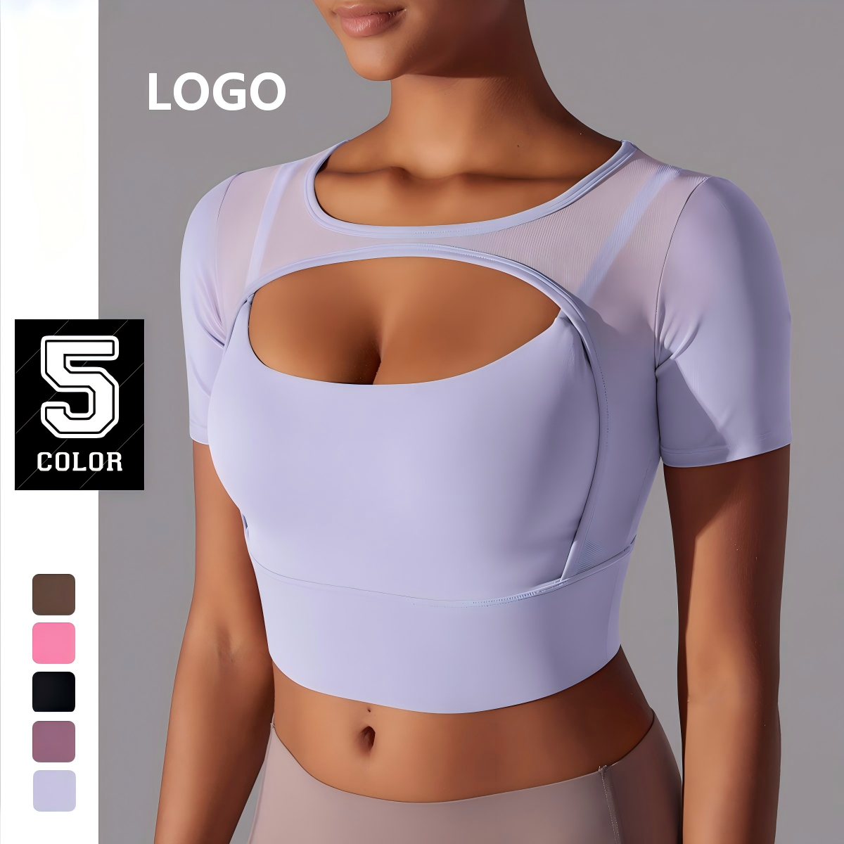 Customizable logo Solid Color Patchwork Mesh Sexy Three-quarter Sleeve Breathable Running Fitness Yoga Top for Women