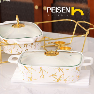 Керамическая прямоугольная мраморная форма для выпечки с двумя ушками, 3 шт., набор для выпечки с подогревом, Сухая сковорода для домашней столовой - Product Image 3