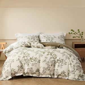 Ensemble de housse de couette 3 pièces en coton 100% de qualité supérieure imprimés floraux verts à base <span class=keywords><strong>blanche</strong></span> doux élégant pour chambre décor chic - Product Image 1