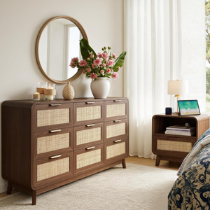 <span class=keywords><strong>Commode</strong></span> à <span class=keywords><strong>9</strong></span> <span class=keywords><strong>tiroirs</strong></span> style ferme moderne bohème, finition noyer, en bois écologique et durable, haute, pour chambre à coucher - Product Image 3