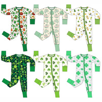 Baju Terusan Bayi Balita Desain Serat Bambu Unisex untuk Musim Semi Gugur Motif Semanggi Bodysuit Lengan Panjang Resleting Depan