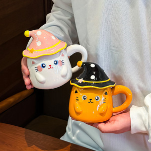 Cute Cat Ceramic <b>Mug</b> <b>With</b> <b>Lid</b> Cartoon Design For Girls Spring 2024 Home Use Single Cup White Yellow Black - Product Image 2