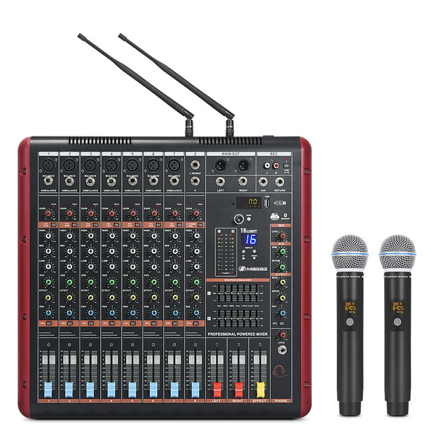 8-Channel Professional Audio Mixer with UHF Wireless Handheld Mic Built-in Amplifier | Mains-Powered KTV & Home Karaoke Set