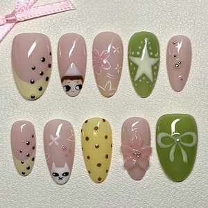 Set de Uñas Rosadas para el Día de San Valentín con Perlas 3D, Uñas Postizas de Ojo de Gato Azul y Rojo, Uñas Personalizadas Pintadas a Mano de Alta Calidad - Product Image 6