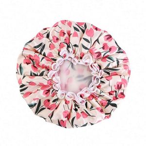 Waterproof Satin Lined <b>Extra</b> <b>Large</b> Dual Layer PE Fabric Adjustable Shower Cap Bath Hat for Unisex Daily Beach Use - Product Image 6