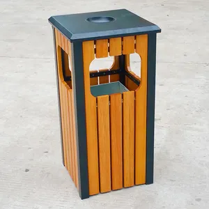 Cubo de basura de madera rústico personalizado, cubo de basura pequeño para jardín, cubo de basura de metal para exteriores con tapa