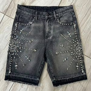 Hot Supplier 2026 New Trend Rhinestone Jean Shorts Vintage Black Wash <b>Beaded</b> Denim Shorts TKAN831 Man's Clubwear Bling Shorts - Product Image 1