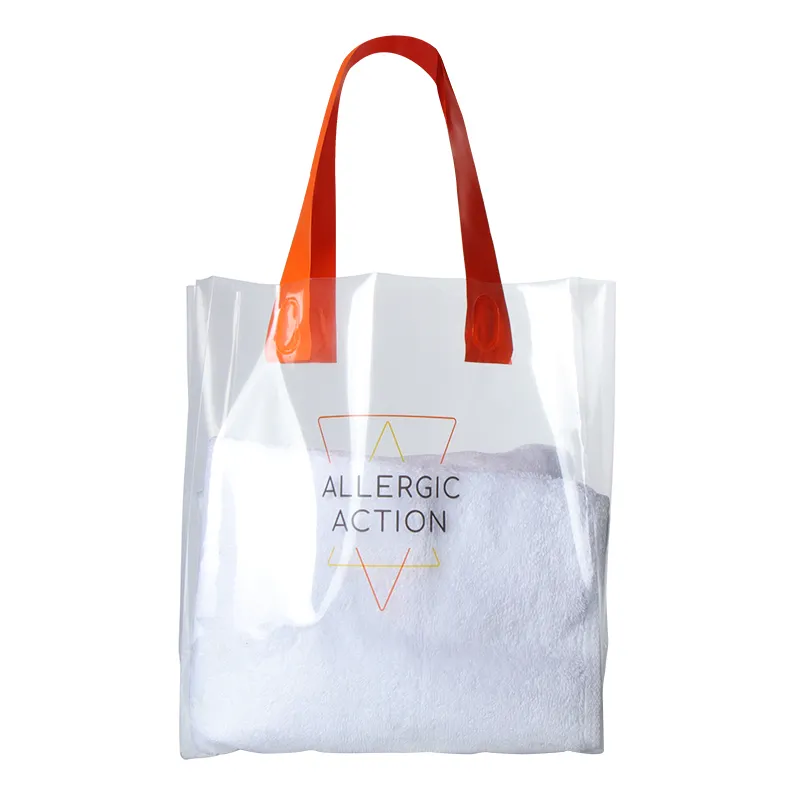 Bolsa de plástico transparente con asa de polietileno para guardar ropa, bolso de compras con logotipo personalizado, asa suave, transparente