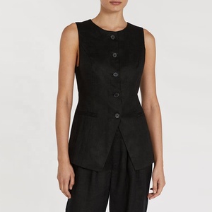 <span class=keywords><strong>Chaleco</strong></span> de lino con detalle de botón a través del cierre para <span class=keywords><strong>mujer</strong></span> <span class=keywords><strong>Chaleco</strong></span> de palangre a medida Escote redondo con botón <span class=keywords><strong>Chaleco</strong></span> de lino negro - Product Image 2