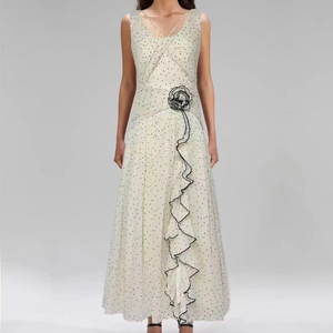 A10861 2025 Retro Vintage Empire Maxi vestido de lunares tirantes fruncido decoración transpirable tejido estambre uno para <span class=keywords><strong>primavera</strong></span> - Product Image 1