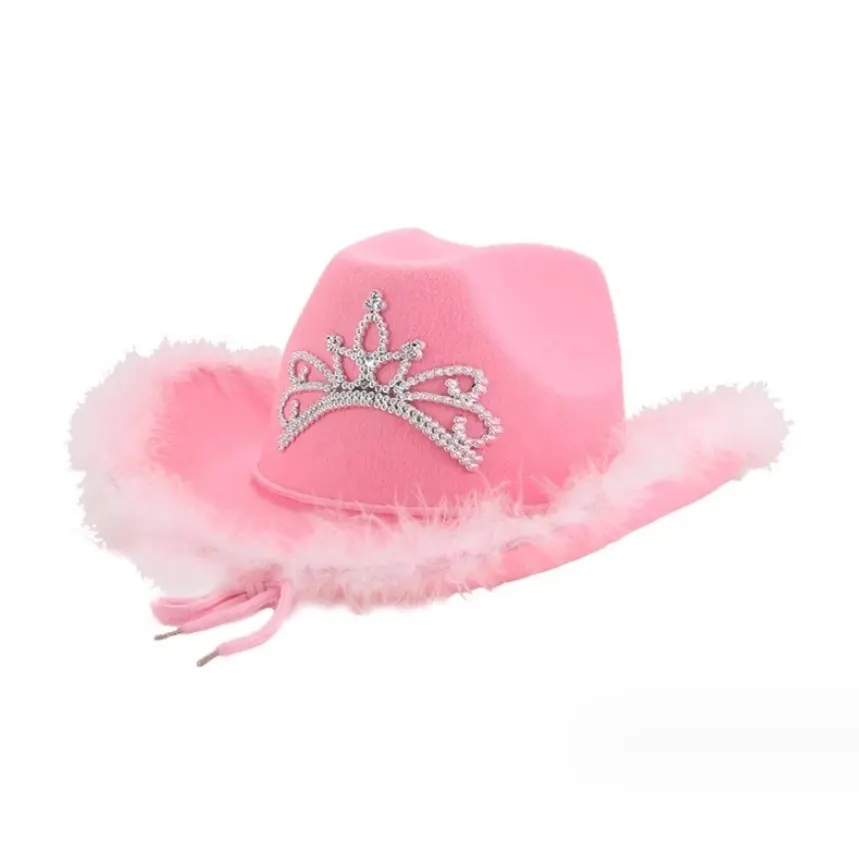 2024 New Western Pink Party Hüte Festival Cosplay Kostüm Cowgirl Hüte Western Federn Kante Filz Cowboy-Hut mit Krone