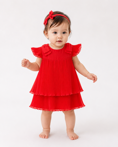 Elegant Baby Girls' Pleated <b>Dress</b> with Tiered Layers, Flutter Sleeves, and Decorative Shoulder Bows for Special Occasions - Product Image 5
