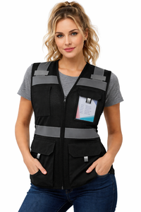 Gilet di Sicurezza Femminile Personalizzabile ad Alta Visibilità, Nero Classe 2, Regolabile, Multi-Tasca per Edilizia e Ingegneria - Product Image 2