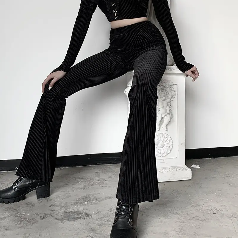 Moda vintage siyah zarif yumuşak kadife şerit uzun çan alt parlama pantolon pantolon kadın