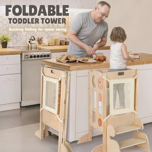 Tour d'apprentissage pliable <span class=keywords><strong>4</strong></span>-en-1 Tabouret d'aide à la cuisine pour tout-petits avec tableau noir Tour Montessori en <span class=keywords><strong>bois</strong></span> pour 1 à 6 ans - Product Image 5