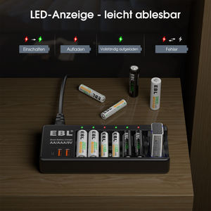 Cargador de Baterías Inteligente USB Portátil EBL de 8 Bahías para Pilas AA y AAA NI-MH de 9V - Product Image 6