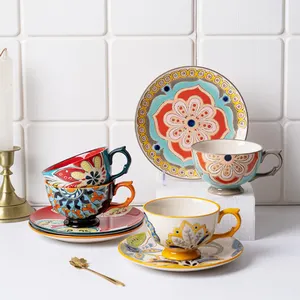 波西米亚花卉设计陶瓷盘高档餐具和茶碟套装复古手绘西餐厅甜点盘茶杯