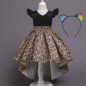 Robe trapèze en satin à imprimé léopard pour filles, col en V, costume de princesse, tenue de spectacle - Product Image 4