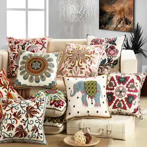 Cotton Linen Throw Embroidered Floral Pillow Cover for Couch Sofa Bed Living Room Bedroom