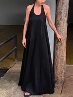 Robe longue trapèze décontractée pour femme en coton et lin, col U noir, coupe régulière, style rétro élégant, tenue décontractée européenne et américaine