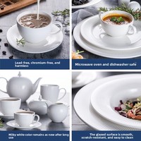 Service de vaisselle en céramique à bord côtelé blanc, assiettes et soucoupes pour la maison, les restaurants, les réceptions, les mariages et les repas quotidiens