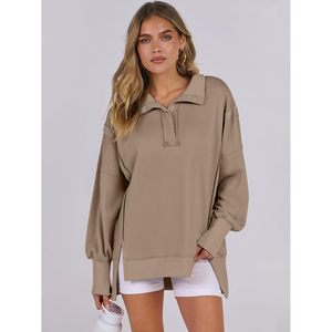 Sweat-shirt Henley oversize pour femme FOXA, manches longues, coupe décontractée, haut à ourlet asymétrique, collection automne 2025 - Product Image 5