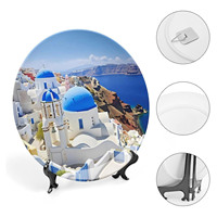 Santorin Grèce Assiette décorative en porcelaine sur mesure Assiette décorative ronde en céramique avec présentoir pour décoration murale de bureau à domicile