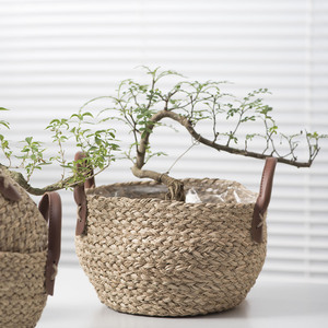 Seaweed Rope Woven <b>Basket</b> With Leather Handles Home Decor Storage <b>Basket</b> <b>For</b> <b>Plants</b> And Fruits - Product Image 2