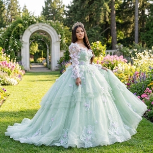 Vestido de Quinceañera Xs293 Verde Menta con Tul Floral 3D y Brillo, Apliques de Mariposa, Estilo Moderno con Cola Capilla - Product Image 1