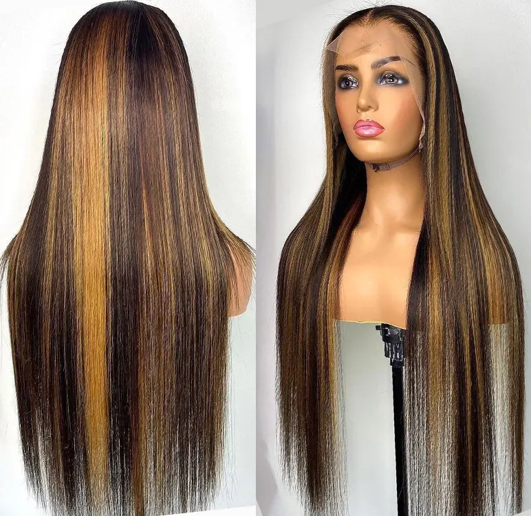 Highlight 1B Honey Brown Color Straight Human Hair Lace Front Wig Virgin Brazilian Hair Highlight Wig Transparent HD Frontal Wig