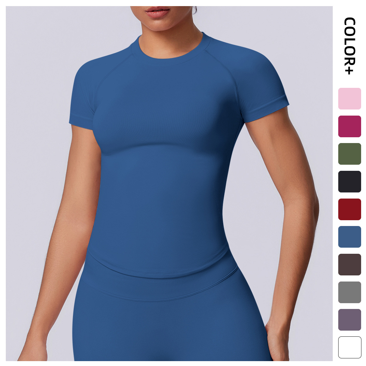 Cross-border New Seamless Tight Short-sleeved Spandex/Nylon Solid T-shirt Yoga Clothing High Elastic Sweat Absorbing Hip Top