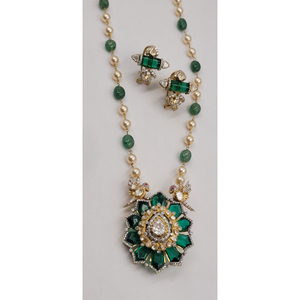 Gold Plated Moissanite <b>Necklace</b> Set from Elahe features vibrant green stones and <b>delicate</b> pearl beads Jewelry Set - Product Image 1
