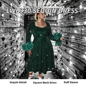 LW0330 Nouvelle Robe de Soirée Élégante Grande Taille en Spandex/Polyester Écologique pour Femme, Col Carré, Manches Classiques, Paillettes Naturelles - Product Image 2