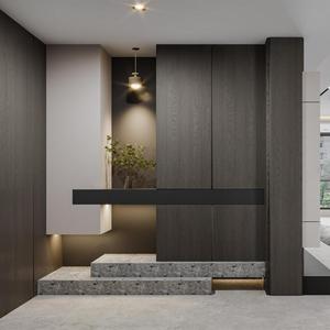 Système de rangement d'entrée personnalisé minimaliste, banc bas autoportant avec zone dissimulée et panneau brillant pour couloir d'entrée de maison urbaine - Product Image 1